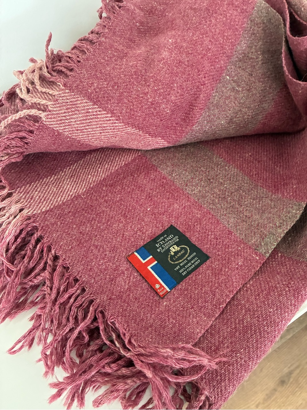 Vintage Samband of Iceland Landau 100% Wool Blanket Throw Pink Plaid 80x62